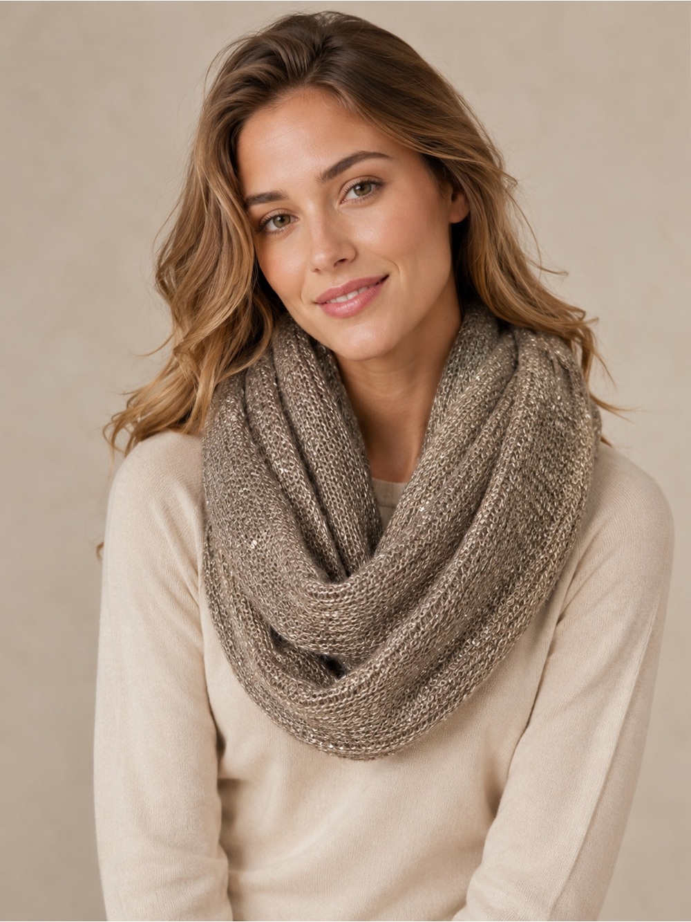 H&M taupe tan brown sequin soft fluffy infinity scarf fall winter